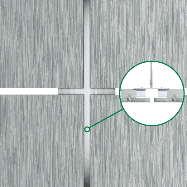 Close-up of textured metal panels with an inset showing a cross-section of the material and its installation details.