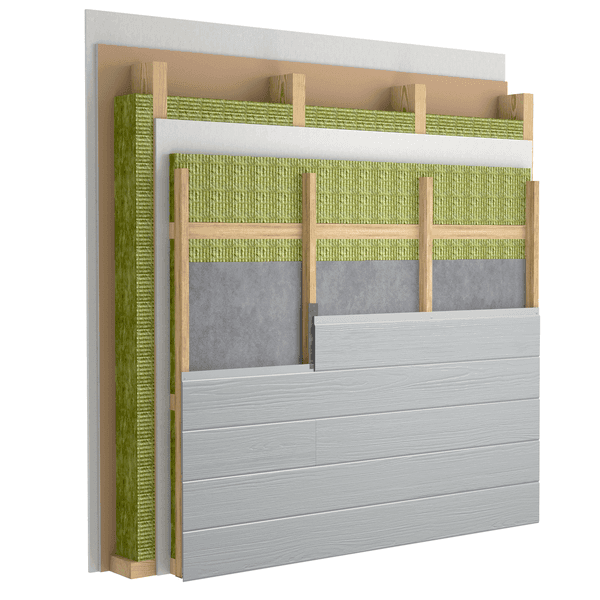 Cross-section of a wall assembly showcasing layers, including insulation, drywall, and wood framing.