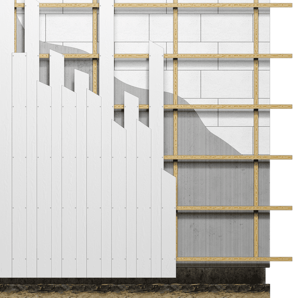 Illustration of a building facade featuring vertical wooden slats, white panels, and a gradient design in gray tones.