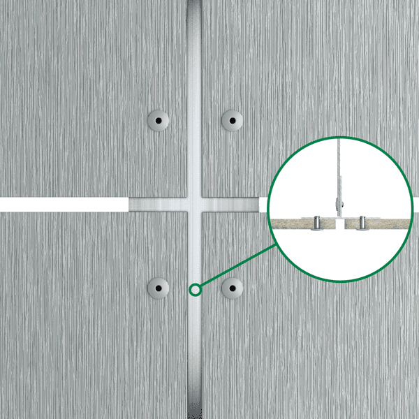Close-up of a metallic surface with two screws and a highlighted connector showing a clamp mechanism between two panels.